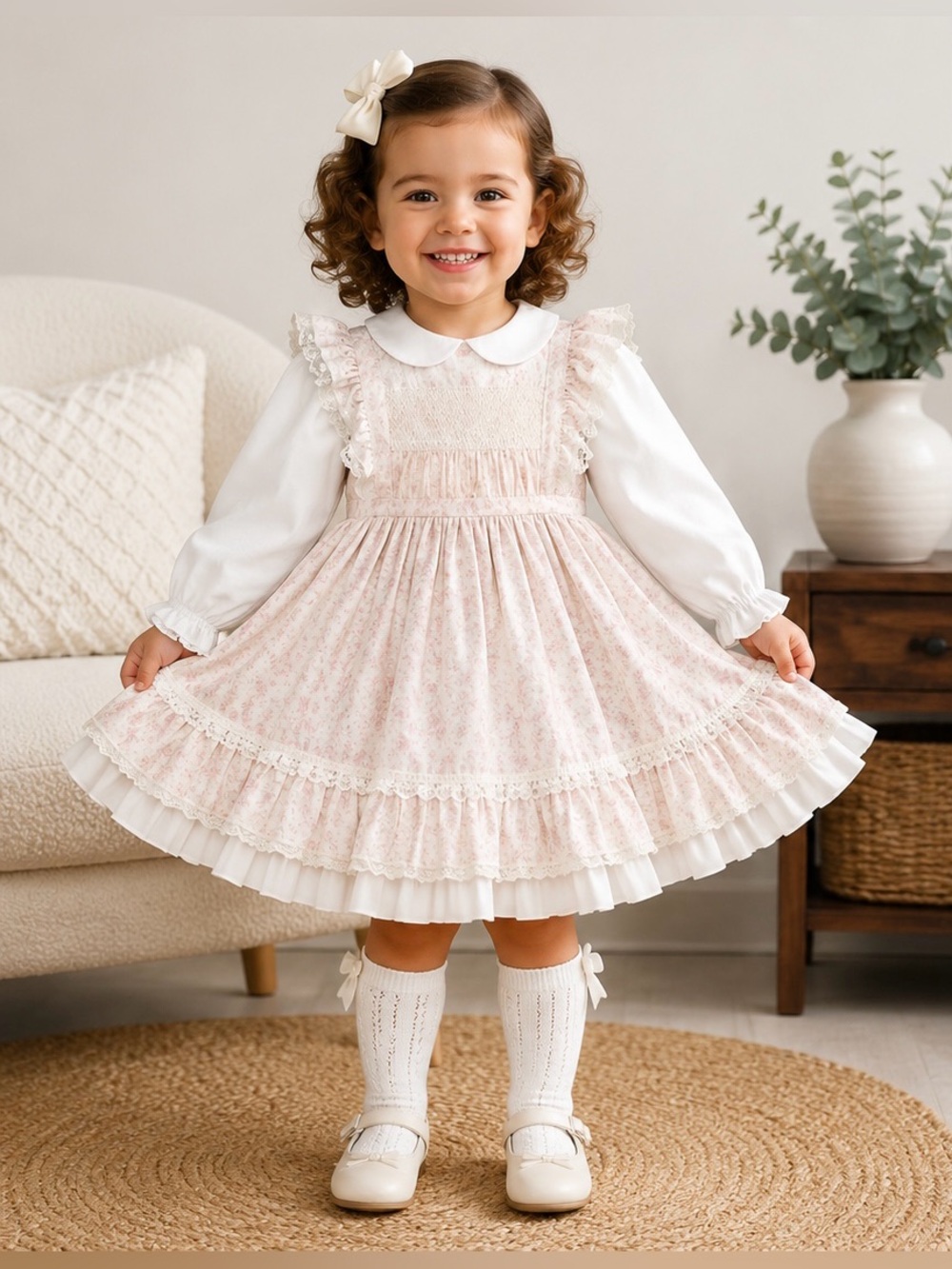 Classic Pink Floral Lace Trim Party Dress for Girls